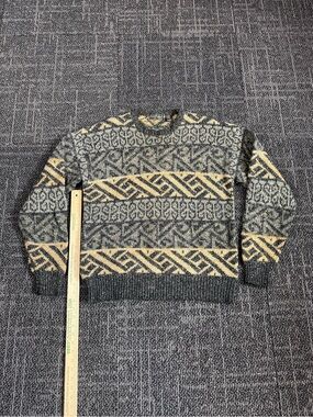 Peter England Vintage 90s Wool Blend Sweater Gray and Tan Geometric Pattern L
